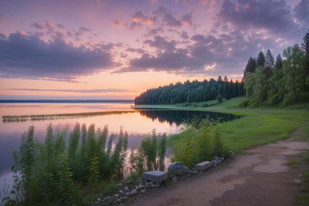 Blick auf den See Svityaz nach Sonnenuntergang in der Ukraine