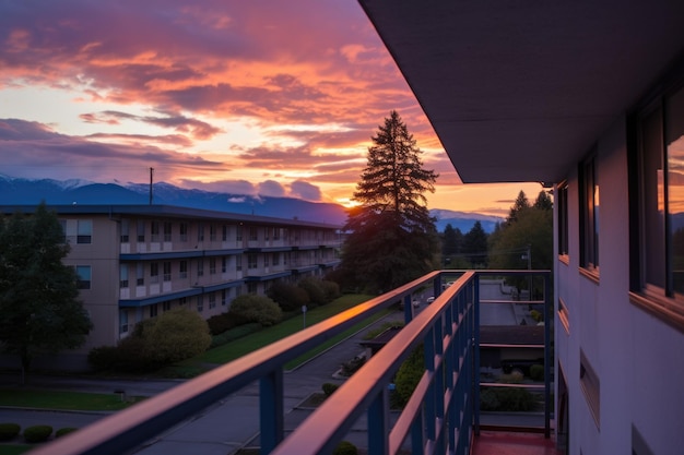 Blick auf den Sonnenaufgang aus dem Fenster eines Studentenwohnheims