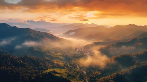 Foto blick auf den sonnenaufgang von der spitze der berge