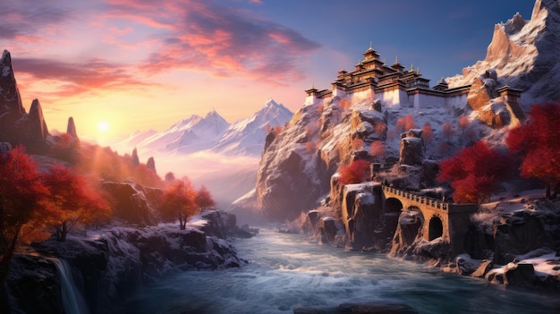 Blick auf den Sonnenuntergang des Himalaya-Gebirges, Tibet-Kloster