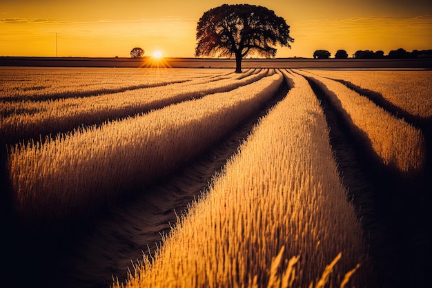 Blick auf den Sonnenuntergang von einem Baum mit Goldweizen in ländlicher Umgebung