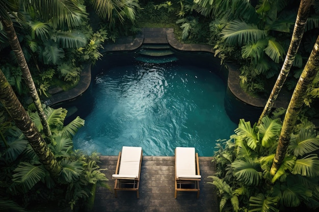 Blick auf den Swimmingpool und die Sonnenliegen im tropischen Dschungelresort. Schaffen Sie eine ruhige und entspannende Atmosphäre inmitten der Natur Balis, Indonesiens