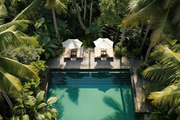 Blick auf den Swimmingpool und die Sonnenliegen im tropischen Dschungelresort. Schaffen Sie eine ruhige und entspannende Atmosphäre inmitten der Natur Balis, Indonesiens