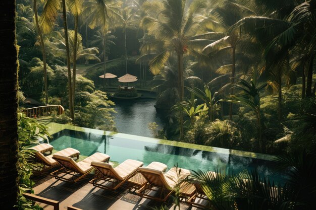 Blick auf den Swimmingpool und die Sonnenliegen im tropischen Dschungelresort. Schaffen Sie eine ruhige und entspannende Atmosphäre inmitten der Natur Balis, Indonesiens