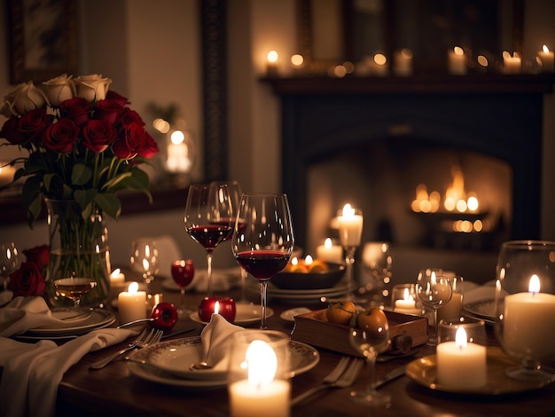 Blick auf den Valentinstag mit einem Tisch, der für ein Candle-Light-Dinner mit einem Glasteller und einer Blume gedeckt ist