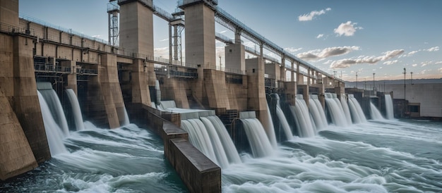 Blick auf den Wasserkraftwerksdamm am Fluss generative KI