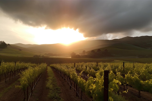 Blick auf den Weinberg mit Sonnenuntergang über den sanften Hügeln, die durch die Wolken brechen