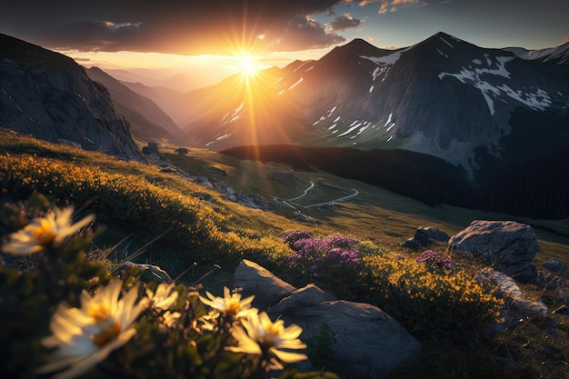 Blick auf die Almwiese bei Sonnenaufgang, während die Sonne über die Berge blickt, erstellt mit generativer KI