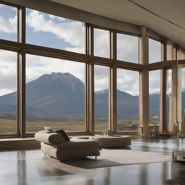 Blick auf die Berge im Fenster eines Luxushauses