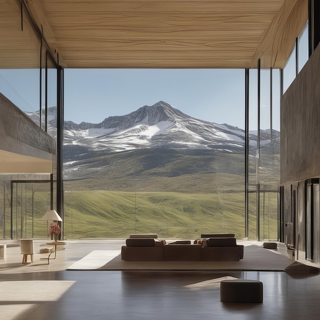 Blick auf die Berge im modernen Hausfenster