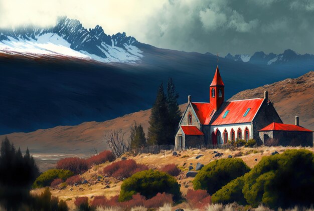 Blick auf die Berge und Kirche mit rotem Dach