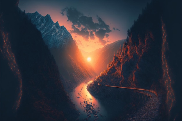 Blick auf die Bergszene mit generativem Fluss und Sonnenuntergang