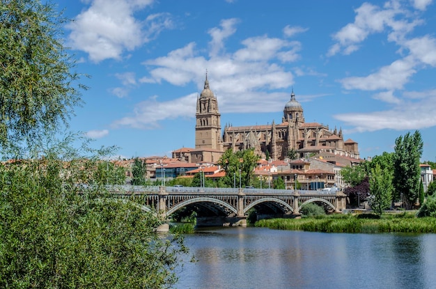Blick auf die Eisenbrücke über den Fluss Tormes und im Hintergrund die Kathedralen von Salamanca