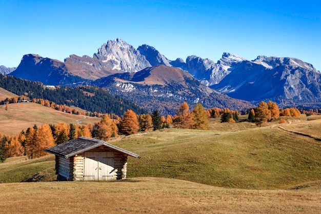 Blick auf die Geislergruppe - die Dolomiten von der Seiser Alm in Südtirol. Italien