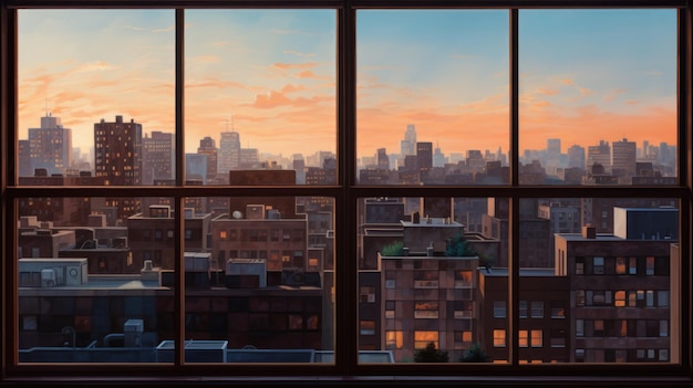 Blick auf die grüne Stadt durch ein Fenster im Büro- oder Arbeitsplatzhintergrund
