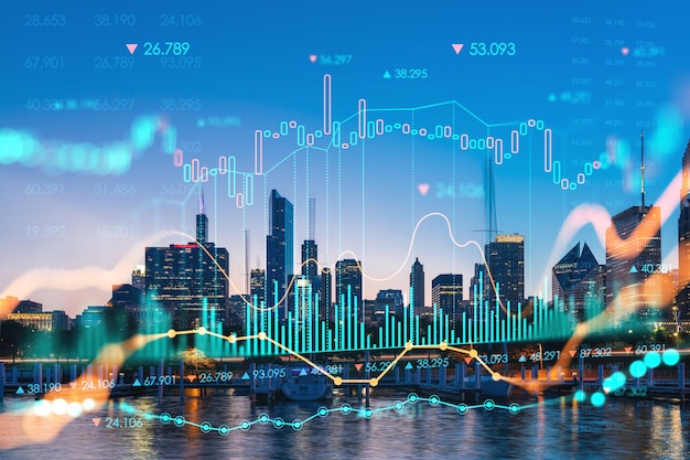 Blick auf die Innenstadt von Chicago Skyline Panorama über Lake Michigan Hafengebiet Sonnenuntergang Illinois USA Forex Graph Hologram Das Konzept der Internet-Handelsvermittlung und Fundamentalanalyse