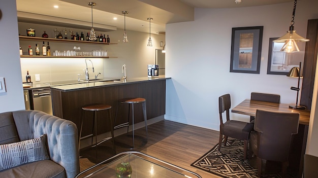 Blick auf die Küche und die Bar in einem kleinen Hotelzimmer Generative Ai