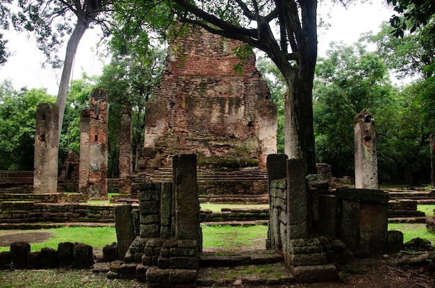 Blick auf die Landschaft der Buddha-Statue im Wat Phra Si Iriyabot in der antiken Gebäude- und Ruinenstadt Kamphaeng Phet Historical Park ist eine archäologische Stätte und das Aranyik-Gebiet in Kamphaeng Phet Thailand