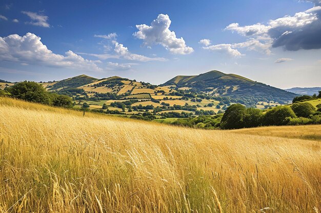 Blick auf die Landschaft im Sommerdorf auf den Hügeln mit schönem bewölkten Himmel