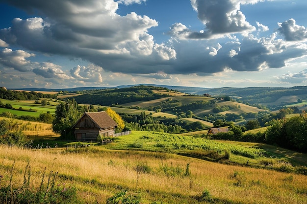 Blick auf die Landschaft im Sommerdorf auf den Hügeln mit wunderschönem bewölktem Himmel