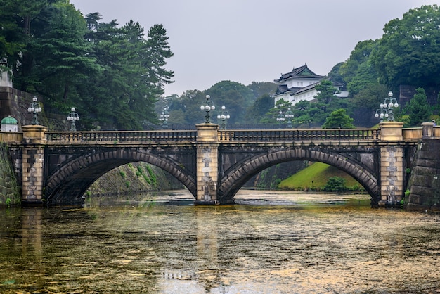 Blick auf die Meganebashi Eyeglass Bridge Bridge von Kokyo Gaien, dem großen Platz vor dem Kaiserpalast in Tokio