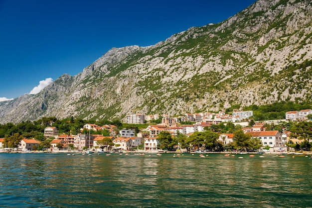 Blick auf die montenegrinische Küste in der Bucht von Kotor mit Wohnhäusern