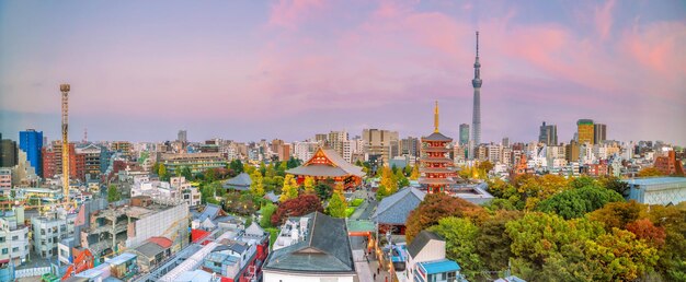 Foto blick auf die skyline von tokio mit dem sensoji-tempel