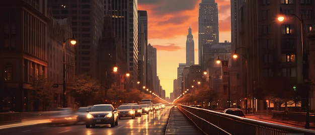 Blick auf die Stadt Chicago vom Fluss aus bei Sonnenuntergang. Lichter der Stadt. Generative KI