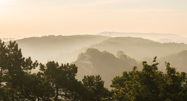 Blick auf die Stadt von morgens im Nebel