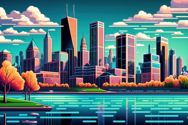 Blick auf die Stadt Wolkenkratzer in der Innenstadt die Skyline von Chicago vom See und Hafen aus gesehen