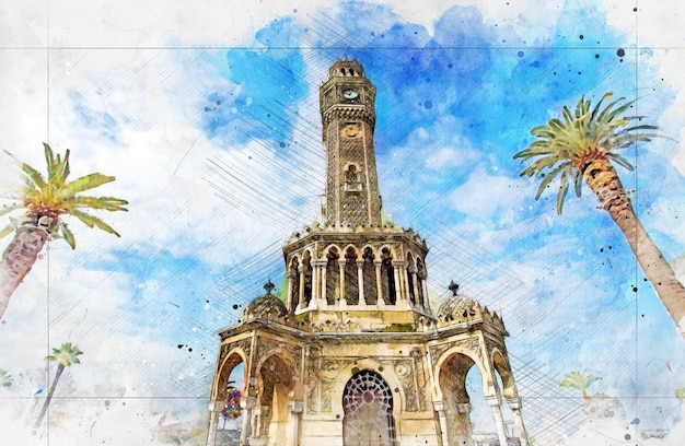 Blick auf die Straße des Konak-Platzes mit dem alten Uhrturm Saat Kulesi in Izmir, Türkei, bei Sonnenuntergang Es wurde 1901 erbaut und als offizielles Symbol der Aquarellskizzenmalerei der Stadt akzeptiert