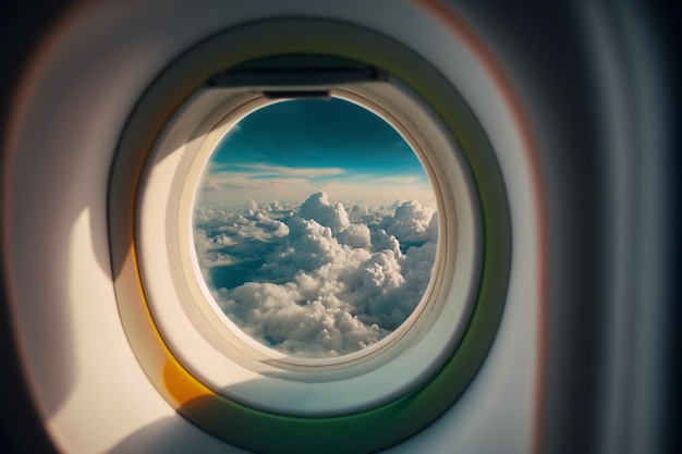 Blick auf die Wolken aus dem Flugzeugfenster Generative KI