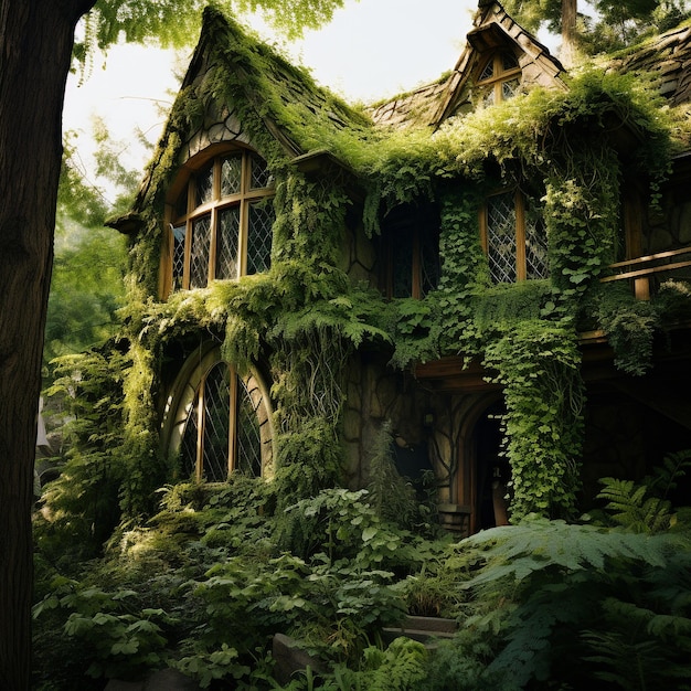 Blick auf ein Haus aus Vegetation im Wald