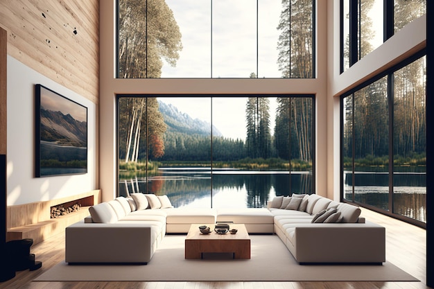 Blick auf ein zeitgenössisches luxuriöses Wohnzimmer mit einem weißen Sofa vor einer Seekulisse Familienurlaub Inspiration warmes Holz Innenarchitektur Architekturkonzept eines Hauses mit vielen Fenstern