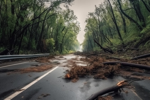 Blick auf eine Asphaltstraße mitten im Wald mit umstürzenden Bäumen aufgrund einer Naturkatastrophe, generative KI