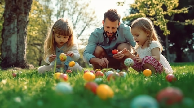 Blick auf eine Familie, die farbige Eier auf dem Gras-Hintergrund spielt