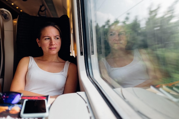 Blick auf eine Frau, die im Zug sitzt
