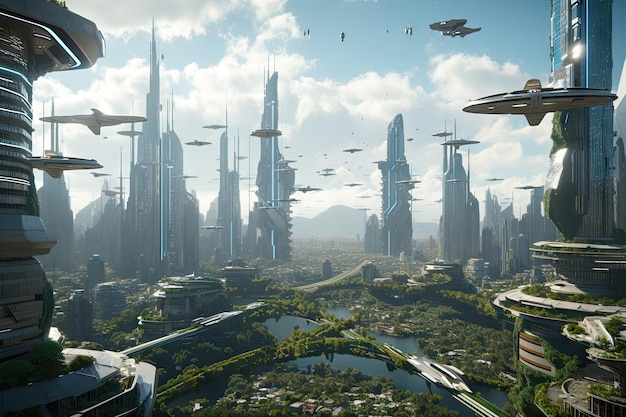 Blick auf eine futuristische Stadt mit hoch aufragenden Wolkenkratzern und fliegenden Autos, die in der Ferne sichtbar sind