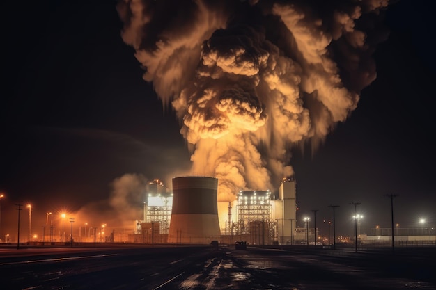 Blick auf eine große Explosion und einen Brand im Kraftwerk