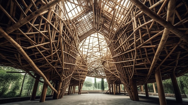 Blick auf eine große Holzkonstruktion mit generativem Oberlicht