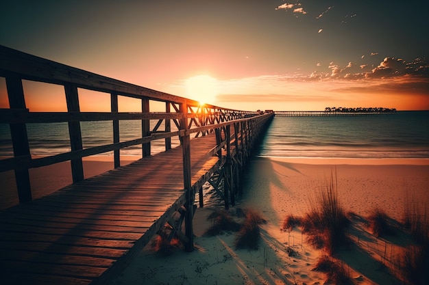 Blick auf eine Holzbrücke am Meer am Abend und die Küste am Morgen