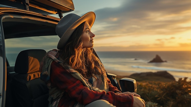 Blick auf eine junge Reisende, die am Sonnenuntergang im Meer schaut und auf einem Hatchback-Auto mit Kopierraum sitzt