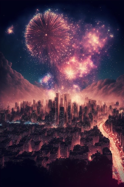 Blick auf eine Stadt mit Feuerwerk am Himmel, generative KI