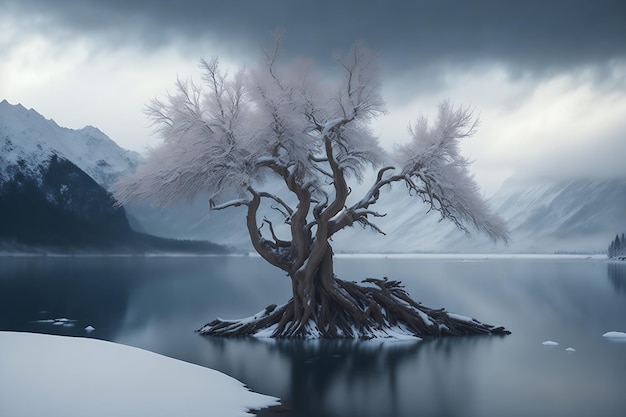 Blick auf einen alten Baum in einem See mit den schneebedeckten Bergen an einem bewölkten Tag