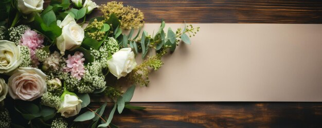 Foto blick auf einen blumenhändler, der einen blumenstrauß auf einer holzoberfläche herstellt, der blumen in einem blumenladen vorbereitet