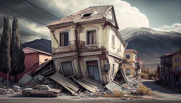 Blick auf einen Einsturz und die Ruinen eines Gebäudes nach einem Erdbeben nach einem Bergblick im Hintergrund Generierte KI