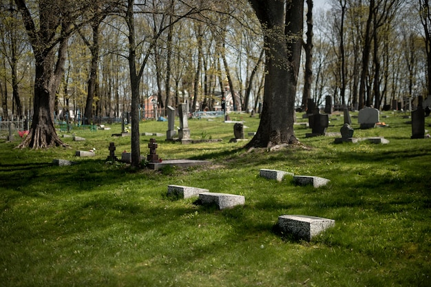 Blick auf einen Friedhof mit Grabsteinen