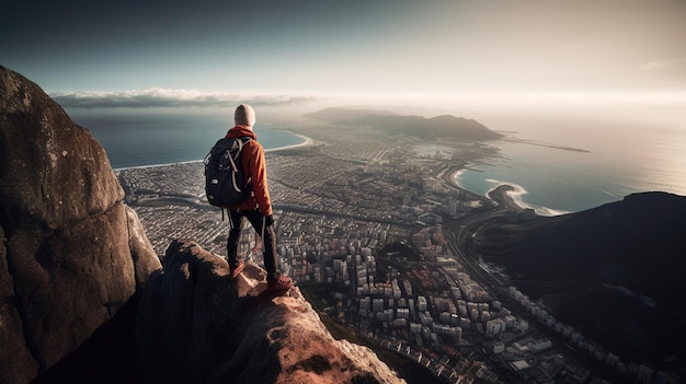 Blick auf einen Kletterer, der einen riesigen Berg erklimmt, mit der Stadt und dem Meer im Hintergrund Extremsportarten voller Risiko und Abenteuer Generative KI