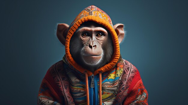 Blick auf einen lustigen Affen in menschlicher Kleidung
