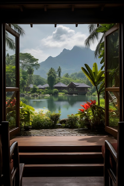 Blick auf einen See durch ein Fenster Fensterblick aus dem Fenster des Resorts